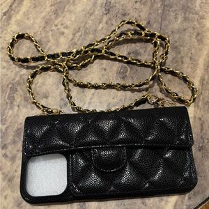 Elegant Black Quilted Phone Case with Gold Chain